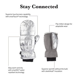 Isotoner Iridescent Sleekheat Women's Flip Top Mitten – Insulated, Water Repellent, Touchscreen, Plush Lining, Metallic Black, Large/X-Large