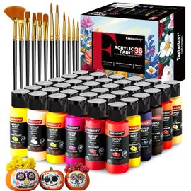 Fantastory Acrylic Paint Set 36 Classic Colors(2oz /60ml) with 12 Brushes, Professional Craft Thick Paints Kits for Adults, Canvas Wood Fabric Ceramic Rock Painting Supplies [Professional Series]