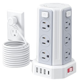 SMALLRT Torre Regleta Multicontacto Pared con 1700J Protector contra Sobretensión, Extension Electrica 3.04M, Conector Multiple con 12 Enchufes y 4 Puertos USB (1 USB C), Hogar Dorm Oficina, Blanco