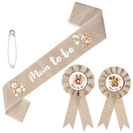 Wanmu 3Pcs Neutral Burlap Mom to Be Sash Dad to Be Pin Set for Gender Reveals Party Decor, Rustic Boho Baby Shower Corsage Decorations for Pregnant Mommy Keepsake Gift