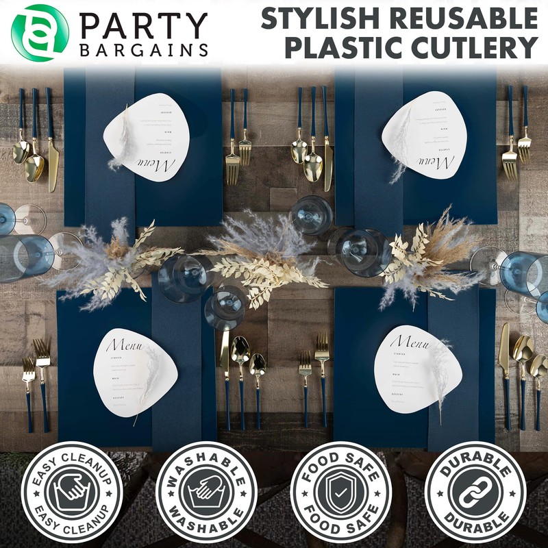 Party Bargains Disposable Plastic Navy Gold Salad Forks, Infinity Modern