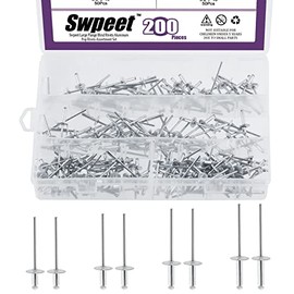 Swpeet 200Pcs 1/8" x 9/32" / 11/32" / 7/16" / 33/64" Large Flange Aluminum Blind Rivets Kit, Silver Pop Rivets Open End Type Pop Rivet for Indoor and Outdoor Use