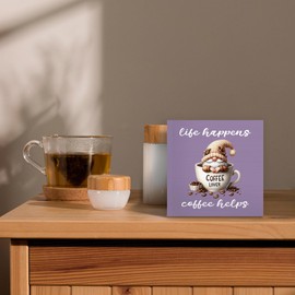 Luipk Rustic Coffee Gnomes Purple Wood Box Sign Desk Decor, Coffee Lovers Gift Life Happens Coffee Helps Funny Gnome Wooden Block Sign Decorations for Coffee Bar Station Wall Tabletop Shelf Decors