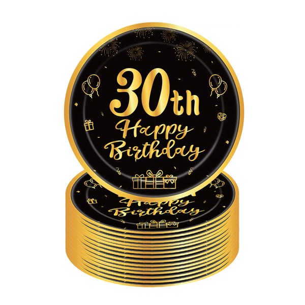 Happy 30th Birthday Paper Plates 9”Black and Gold,16Pcs Disposable Tableware