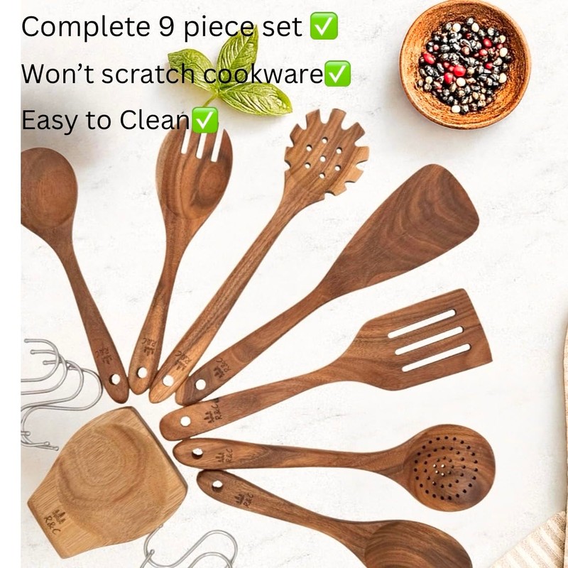 R&C 9-Piece Wooden Kitchen Utensil Set – Premium Teak Cooking