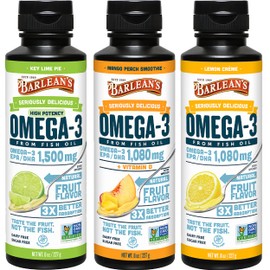 Barlean's Barlean's Omega 3 Fish Oil Liquid Supplement Pack of 3, EPA and DHA Fatty Acid, Smoothie Flavored for Brain, Joint, and Heart Health, Includes Key Lime Pie, Lemon Crme and Mango Peach Flavors, 8 oz