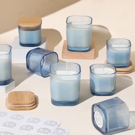12 Pcs 12oz, 6oz Blue Candle Jars for Making Candles, Ribbed Unique Candle Jars, Candle Containers with Bamboo Lids and Labels for Candle Making Supplies, Candles Vessels, Blue Table Decor, Gifts