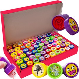 KRUZZEL 60 Piece Plastic Stamp Set for Children Self-Inking Animals Dinosaur Smiley Toy Stamp Reward 22388