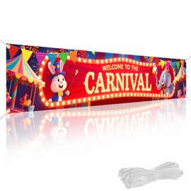 Welcome to the Carnival Banner – Large 120x20 Inch Carnival Backdrop with 19.69ft Ribbon, Double-Stitched Circus Yard Sign for Indoor & Outdoor Carnival Theme Party Decorations