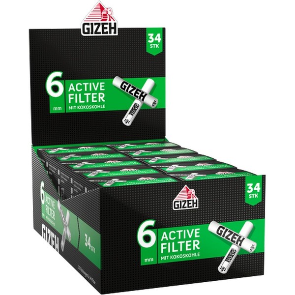 Gizeh Active Tips Activated Carbon Filter with Ceramic Caps, 10 x 34 Filters, Silver, Smal