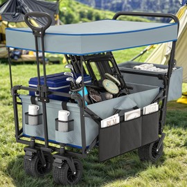 DWVO 3 in 1 Collapsible Wagon w/Removable Canopy, Heavy Duty Foldable Garden Cart w/Rear Storage, Push&Pull Folding Utility Cart for Outdoor Activities, Gardening, Shopping, Gray
