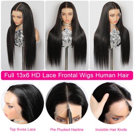 CYSDRH 28 Inch Straight Lace Front Human Hair Wigs 180% Density 13x6 HD Lace Frontal Wigs Human Hair Pre Plucked Invisible Small Hair - Natural Black Color 13x6 Frontal HD Lace Wig
