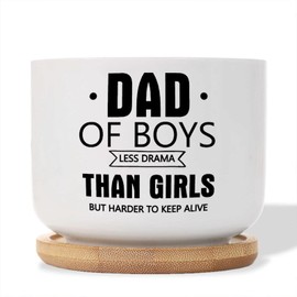 DecStic Dad of Boys Less Drama Than Girls Planters Ceramic Bible Verse Round Flower Pot with Drainage Holes and Bamboo Tray Pot for Outdoor Garden Home Plant
