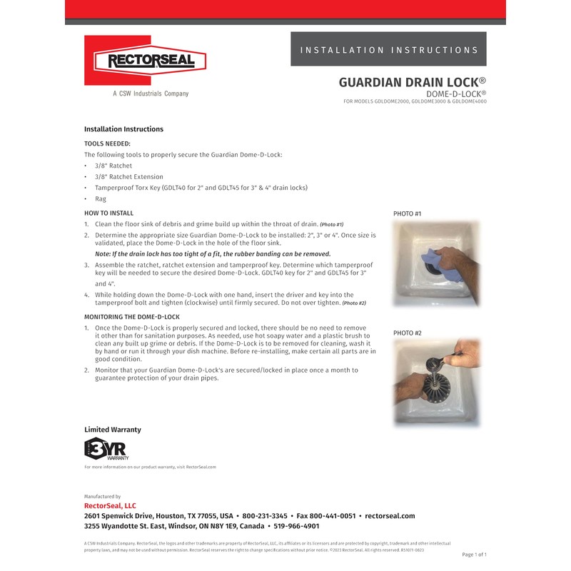 RectorSeal Guardian Drain Lock GDLDOME3000 Dome-D-Lock Commercial Floor Sink Locking