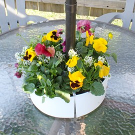 AuldHome Umbrella Planter for Patio Table with Umbrella Hole (White), Enamelware Half-Circle Planter Pots