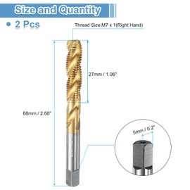 sourcing map 2pcs Spiral Flute Thread Tap M7 x 1 H2 Metric Machine Threading Tap Bit, Titanium Coated Screw Tapping Repair Tool, M2 High-Speed Steel (HSS)
