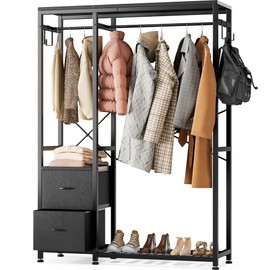 Lulive Clothes Rack, Heavy Duty Garment Rack for Hanging Clothes, Industrial Clothing Racks with Shelves, 2 Fabric Drawers, 4 Hooks, 2 Hanging Rods, Freestanding Closet Organizer, Black