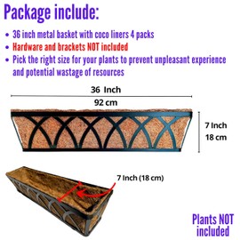 LaLaGreen Wall Planters (4 Pack, 36 Inch) Black Metal Rectangular Hanging Flower Box Window Boxes Planters with Coco Liner Rustic Flower Basket Plant Holder Deck Rail Railing Patio Large Balcony Fence