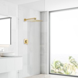 GGStudy Rain Shower Head Brushed Gold with Extension Arm 16 Inch Square Shower Head with 16 Inch Shower Arm Large Stainless Steel Rainfall Showerhead Waterfall Full Body Coverage