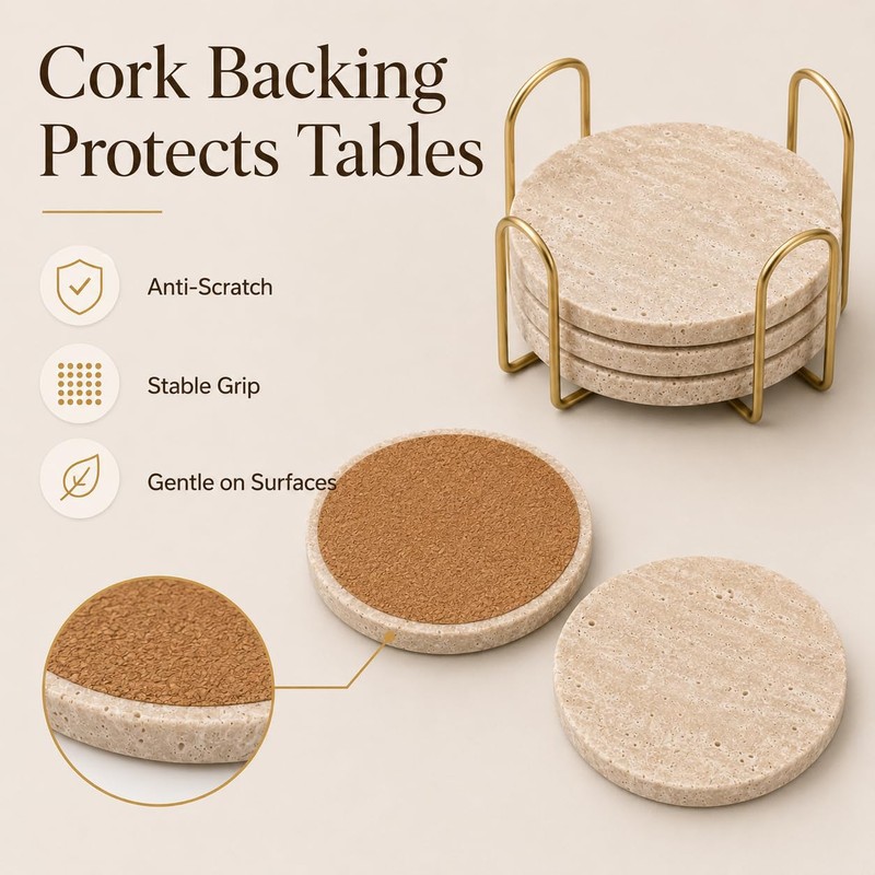 Travertine Coasters with Gold Holder, Set of 4 Natural Stone,
