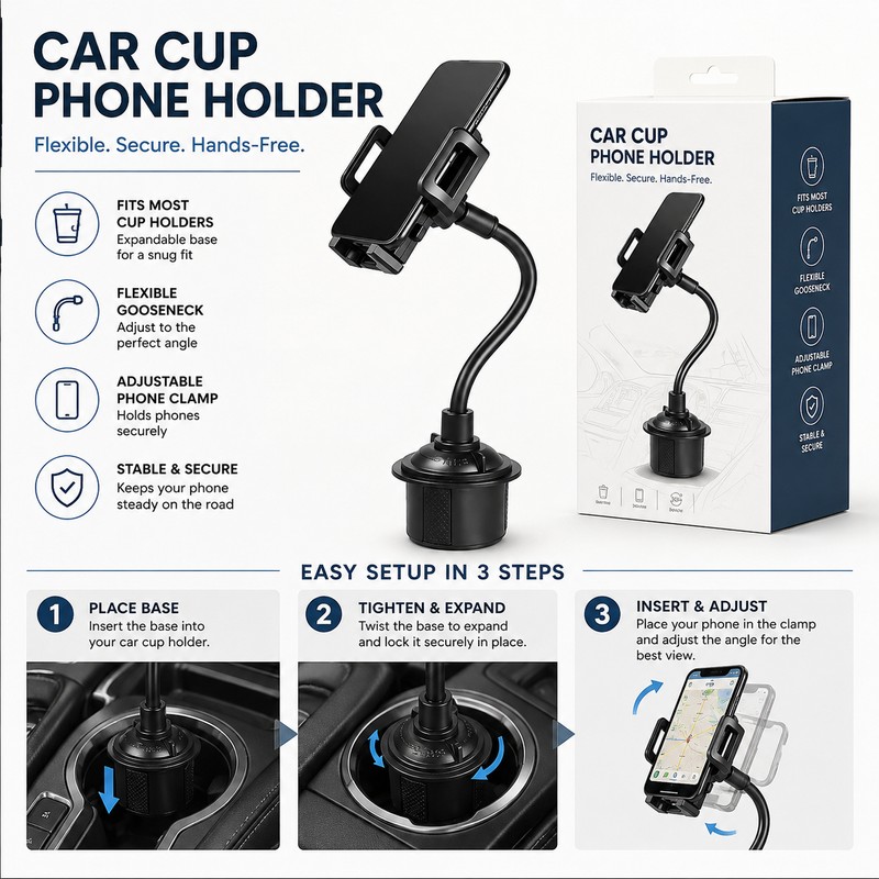 Car Cup Holder Phone Mount for Hands-Free Viewing – Adjustable