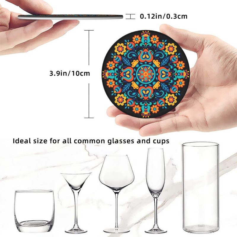 Famame 6 Pcs Mexican Floral Navajo Pattern Leather Coasters for