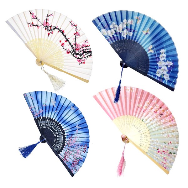 4 PCS Handheld Folding Fans Bamboo Silk Fabric Cloth Folding Fans Chinese Japanese Hand Holding Fans Wooden Handheld Fans With Tassel for Wall Decoration Birthday Gifts Wedding Party Props Women Girls