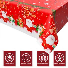 Christmas Table Cloth, Christmas Table Decoration Red Christmas Tablecloth with Santa and Snowman, 137*274cm Disposable Plastic Table Cover for Xmas Party, Holiday Table Decorations and Supplies