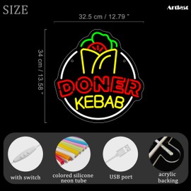 Artlast Doner Kebab Neon Sign for Wall Decor Colorful Food Neon Light for Restaurant Wall Decoration Fast Food Sign Kebab Wall Hanging Sign for Middle Eastern Food Shop