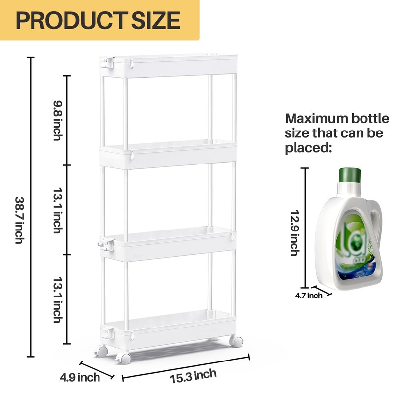 SPACEKEEPER Slim Rolling Storage Cart 4 Tier Bathroom Organizer Mobile