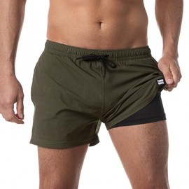 Third Wave Swim Trunks for Men with Compression Liner and 3 Inch Inseam - Premium Swim Shorts and Bathing Suit for Swimming (Olive 3 M)