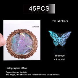 KINBOM Pack of 45 Holographic Stickers, PET Waterproof Stickers, Butterfly Glitter Resin Stickers, Transparent for Scrapbooking, Diary, Daily Planner, Water Bottle (Butterfly)