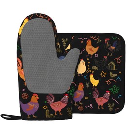 Chicken Silicone Oven Mitts Pan Mats Set of 2, Heat Resistant Gloves Potholder with Non-Slip Grips Hanging Loops Pot Holder, Spring Summer for Chef Cooking, Baking, Grilling, BBQ