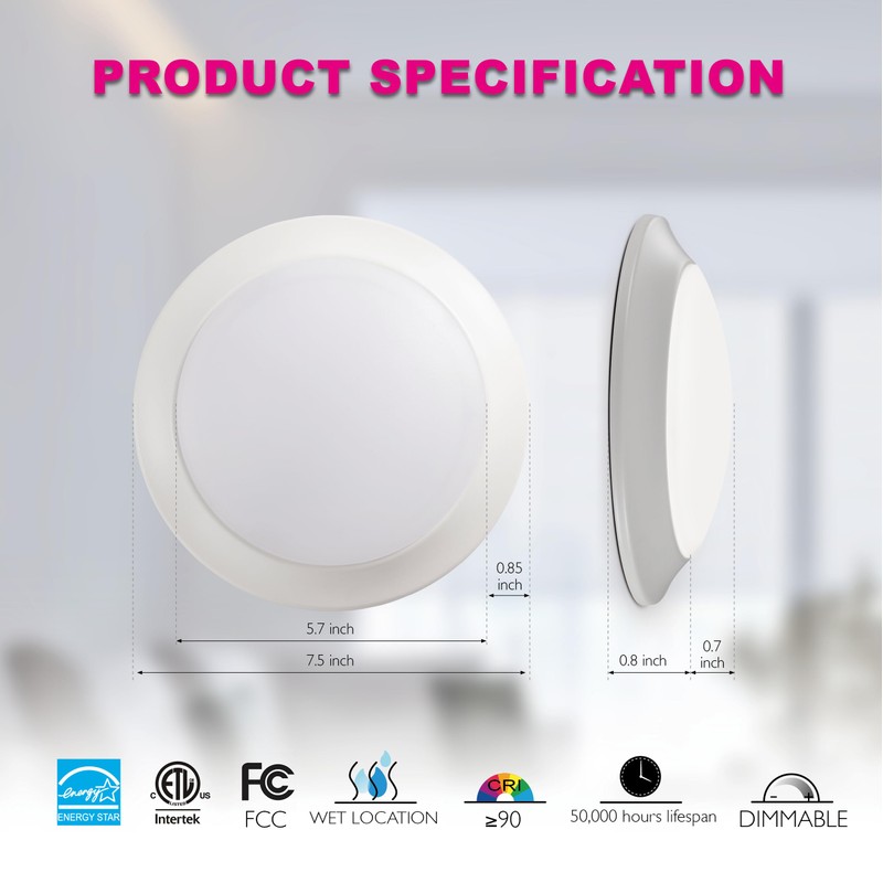 7.5-inch Flush Mount Ceiling Downlight 8 Pack, 15W LED Dimmable