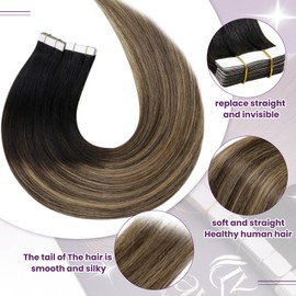 LaaVoo Ombre Tape in Hair Extensions Human Hair Natural Black to Medium Brown Mixed Caramel Brown Balayage Tape in Hair Extensions for Women Real Human Hair Extensions Tape in Skin Weft 14Inch 20pcs 50g