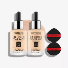 Catrice 캐트리스 파운데이션 HD 리퀴드 커버리지 30ml 2종 모음 1+1 선택 + 대왕퍼프 2개 [010.라이트베이지 (21호 웜톤)] Catrice Foundation HD Liquid Coverage 30ml 2 Types Collection 1+1 Select + 2 Giant Puffs [010. Light Beige (21 Warm Tone)]