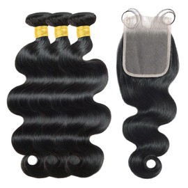 Human Hair Bundles (12 14 16+10) Body Wave Human Hair Bundles with Closure 3 Bundles with Frontal 4x4 Free Part with Baby Hair Brazilian Black Weave Bundles Human Hair 100% Unprocessed Natural Color