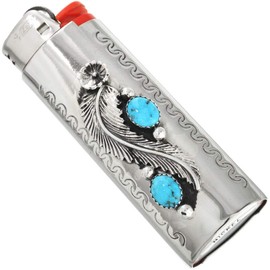 Navajo Natural Kingman Turquoise Silver Lighter Case Cover Sterling Flower Leaf Pattern 0045