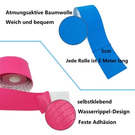 2 Rolls Kinesiology Tape Waterproof Elastic Tension Sports Tape Professional Physio Tape Muscle Support Blue + Red 5 cm x 5 m
