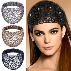 4 Pcs Lace Headbands for Women, Wide Floral Pearl Elastic Hair Accessories, Boho Style