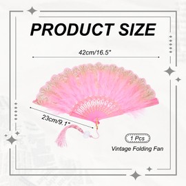 sourcing map 1 Pcs Vintage Folding Fan, Embroidered Flower Marabou Feather Fans 20s Vintage Style Handheld Folding Fan for Dancing Wedding Show Party Tea Party Occasions, Pink(Polyester)