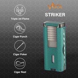 Visol Striker Butane Torch Triple Flame Refillable Gas Lighter, Built in Punch, Built in Poker, Built in Holder, Windproof Adjustable Flame Lighter (Shipped Without Butane) (Green)