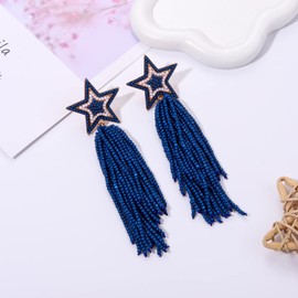 Star Tassel Earrings Long Beaded Star Tassel Drop Dangle Earrings Bohemian Statement Fringe Earrings Cowgirl Country Concert Outfit Party Jewelry(Blue)