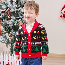 UNICOMIDEA Baby Boys Ugly Christmas Sweater 2T 3T Long Sleeves Toddler Boy Cardigan Little Kids Cute String Lights Snowflake Knit Xmas Button Jumper