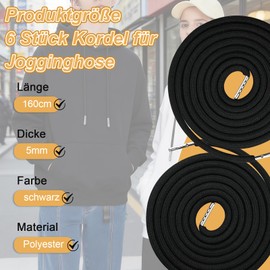 Foonary 6 cordoncini per felpa con cappuccio (nero, 160 cm) + set di ferri da infilare, perfetti come cordoncino per pantaloni da jogging o lacci, robusto cordino per pantaloni/giacche, con terminali