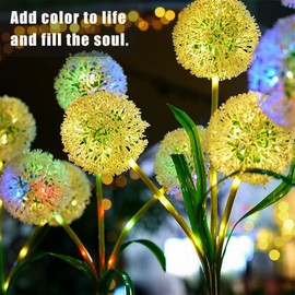 2 Pack Solar Dandelion Lights Outdoor, 72 LED Waterproof Garden Lights with Auto On/Off, Stainless Steel Stem for Pathway Yard Flower Bed - RGB