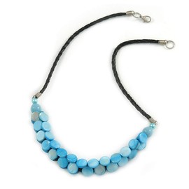 Avalaya Light Blue Coin Shell Bead Cluster with Black Faux Leather Cord Necklace/54cm Long