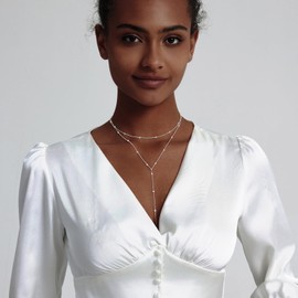 LULII Silver Necklace for Women Trendy Lariat Y Necklace Dainty Silver Plated Long Necklaces for Women Layered Beaded Drop Necklaces Simple Y-Shaped Chain Jewelry Gift Wedding