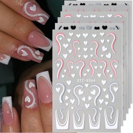 Valentine’s Day Love Heart Nail Art Stickers Glitter Love Heart French Stripe Nail Decals 6PCS 3D Self-Adhesive French Tip Line Heart Valentines Nail Sticker Nail Art Supplies for Manicure Decorations