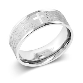 Gem Stone King 8MM Men's Stainless Steel Bible Christian Lord's Prayer Cross Wedding Band Engraved Ring
